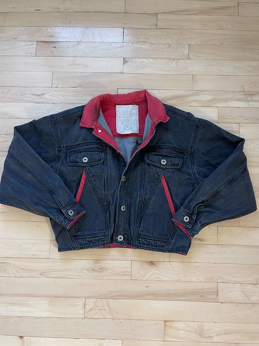 Vintage 90s Black Denim Jacket with Red Trim